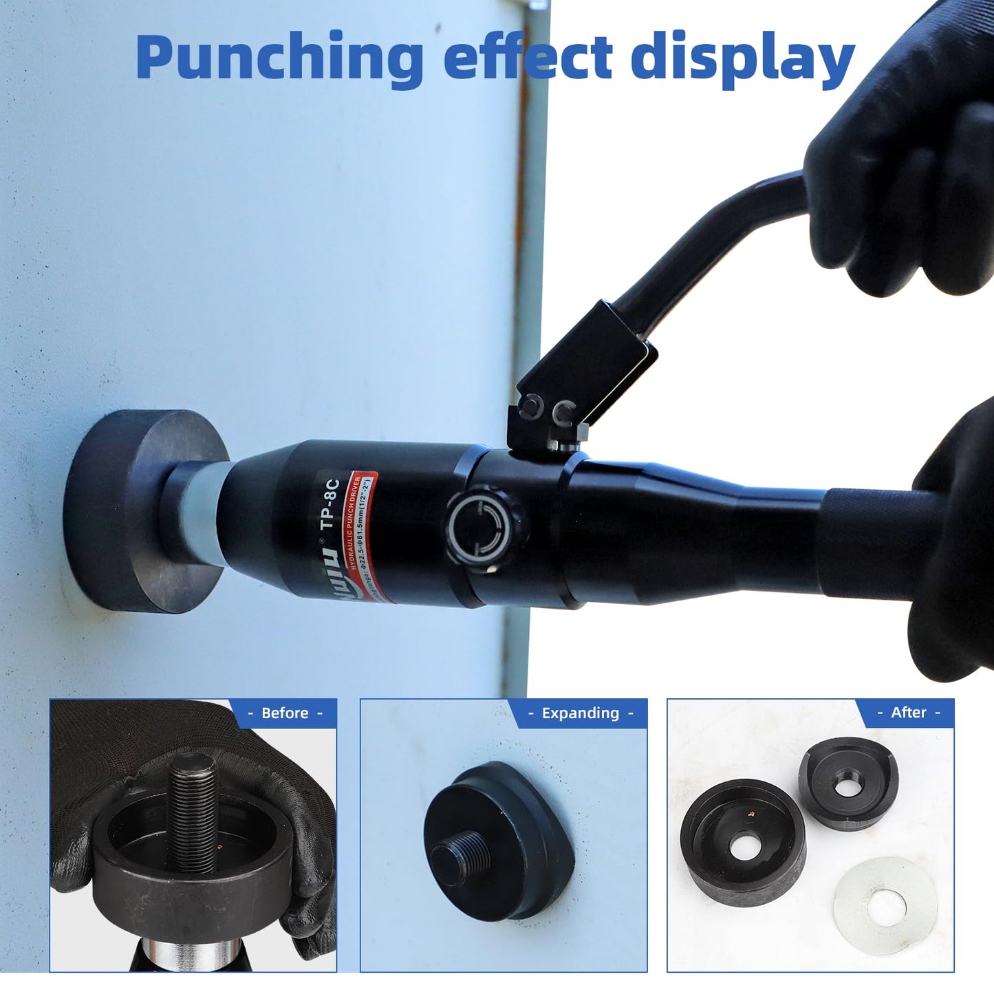 Nuiu TP-8C Hydraulic Knockout Punch Kit, 66KN Punching Pressure with 6 Hole-Opening Dies 1/2" to 2", 360° Rotatable Head for Electrical Panel, Conduit Pipe Punching