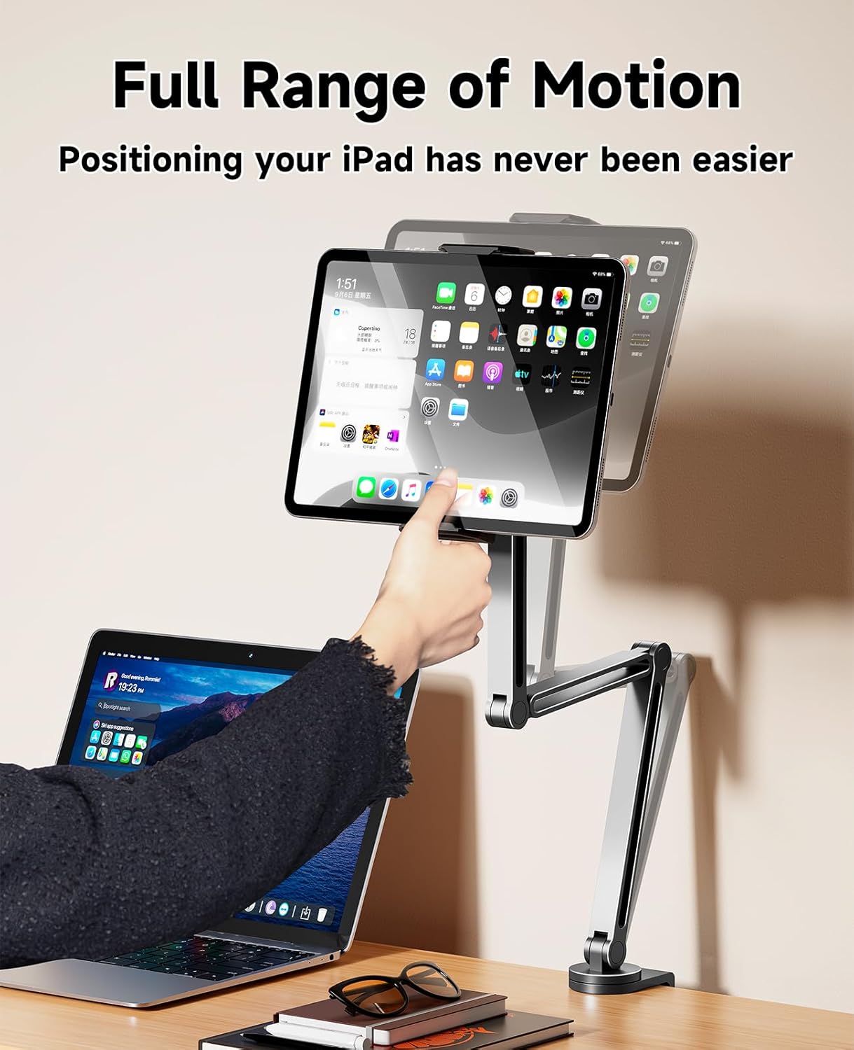 YICOSUN 360 Tablet Arm Mount with Super Grip, Adjustable Foldable Holder & Heavy Duty Aluminum Rotating Clamp for iPad