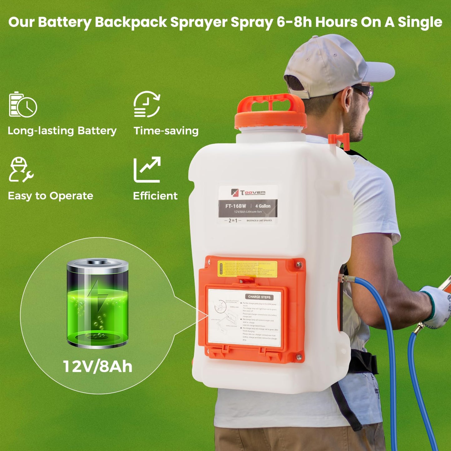 Toovem Battery Powered Backpack Sprayer, 4 Gallon Electric Sprayer with Wheeled Cart, Adjustable 0-94 PSI Backpack Garden Sprayer with 10FT Hose, 6 Nozzles for Lawn, Garden, Yard