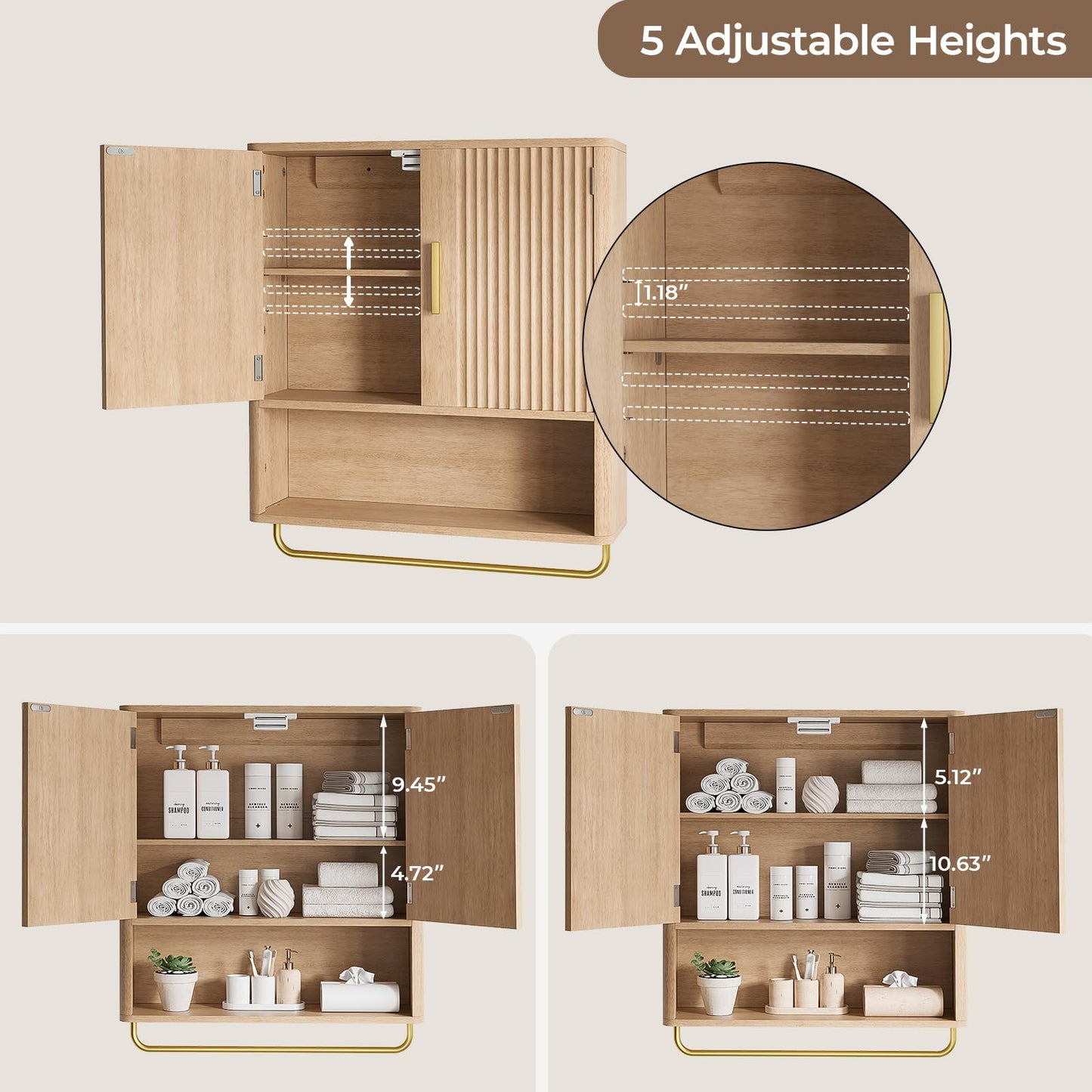 Memobarco Bathroom Wall Cabinet, Medicine Cabinet with Fluted Door & Adjustable Shelf, Over the Toilet Storage Cabinet with Towel Bar, Cabinet Wall Mount for Laundry Room & Kitchen, Wood