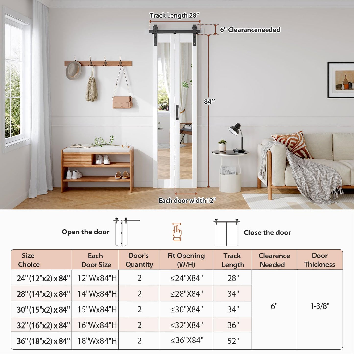 FREDBECK Preassembled Bifold Barn Door 24x84 (Double 12x84) with 1 Lites Mirror,Bi-fold Closet Doors Hardware Kit Included,28" Track for 2 Doors, PVC, White,for Living Room, Bathrooms, Kicthen