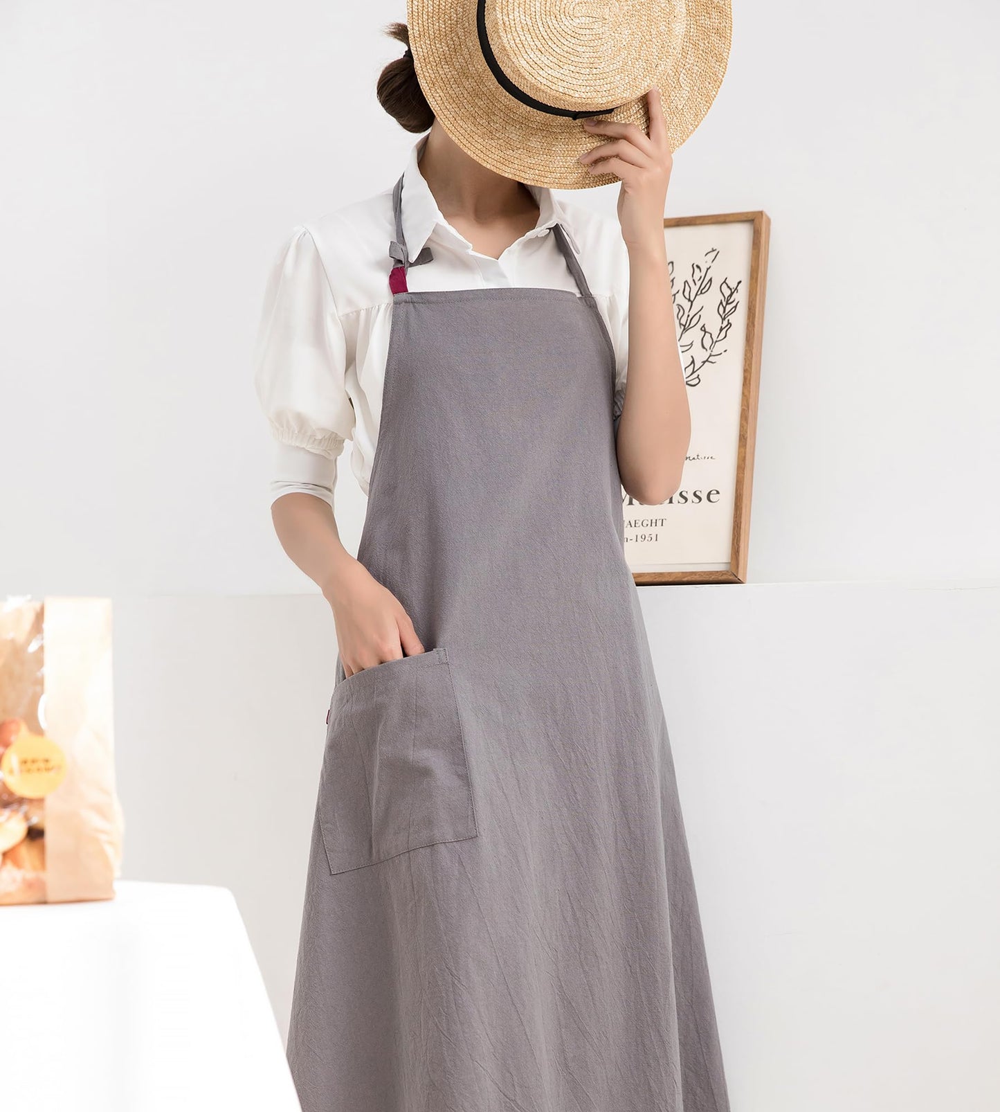 KITCHIEF Cotton Linen Pinafore Apron Dress for Women with Pockets Cute Chef Aprons Halter Apron for Kitchen Baking Painting (Gray)