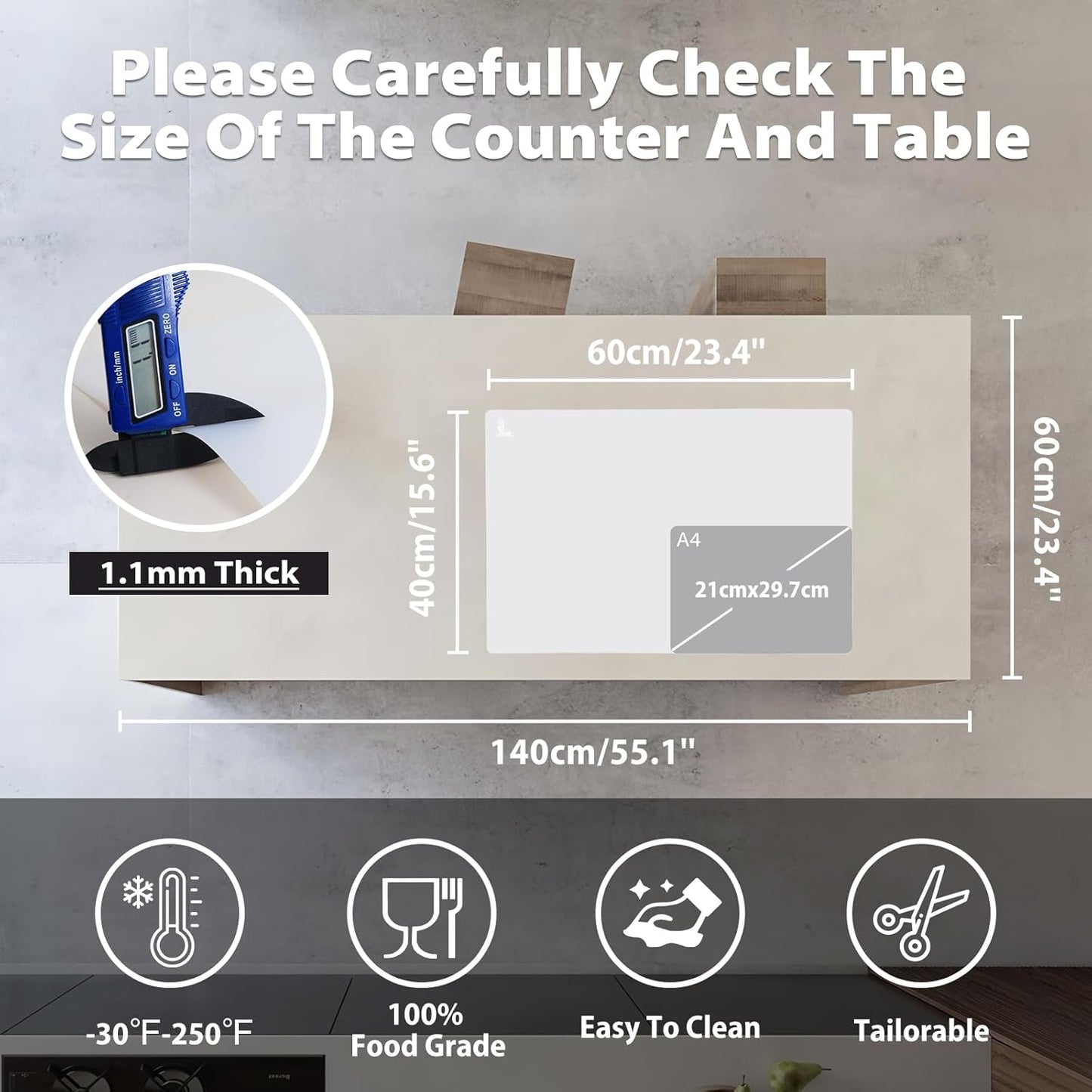 Skiennix Thick Silicone Counter Mat - Heat Resistant Kitchen Table Protector | Large 23.4" x 15.6" Clear