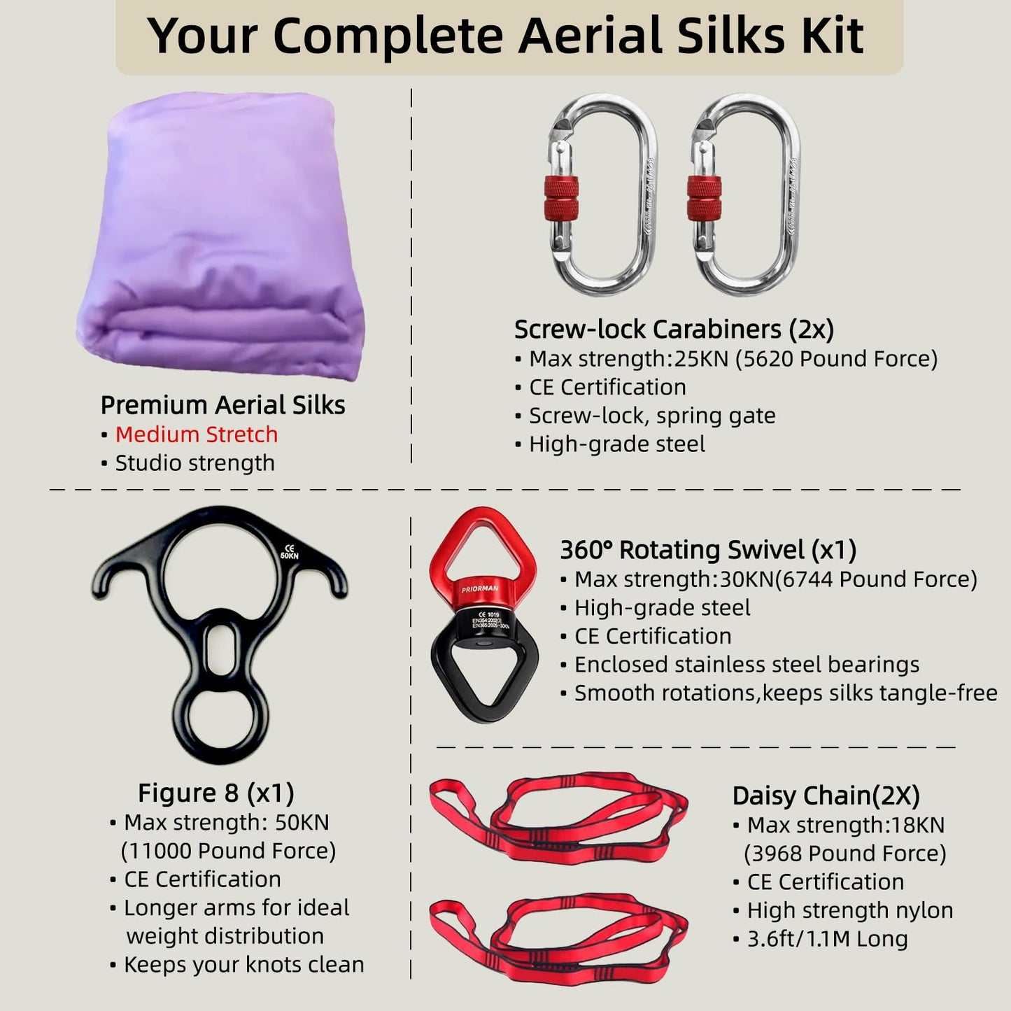 PRIORMAN Aerial Silk Set, Premium 9Yards/8.2m Medium Stretch Fabric Silks, Perfect for AntiGravity Hammock Yoga Training & Dance Circus Performances Includes Hardwares & Daisy Chains（lake blue）