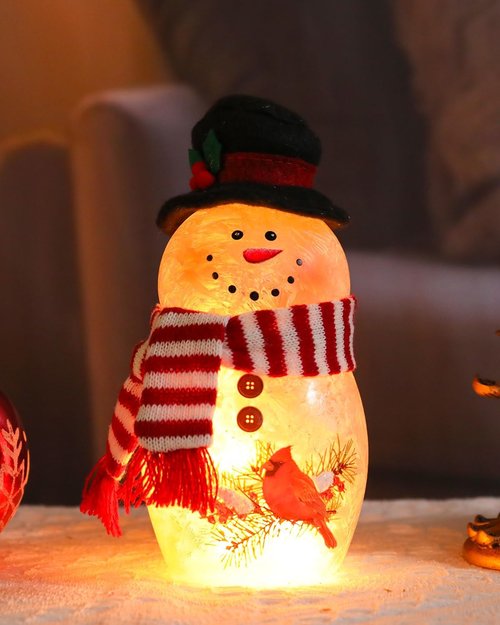 Bdor Snowman Christmas Decoration - 6.3 Inch Glass Figurine with Cardinal & Red Scarf | Warm Glow Holiday Décor