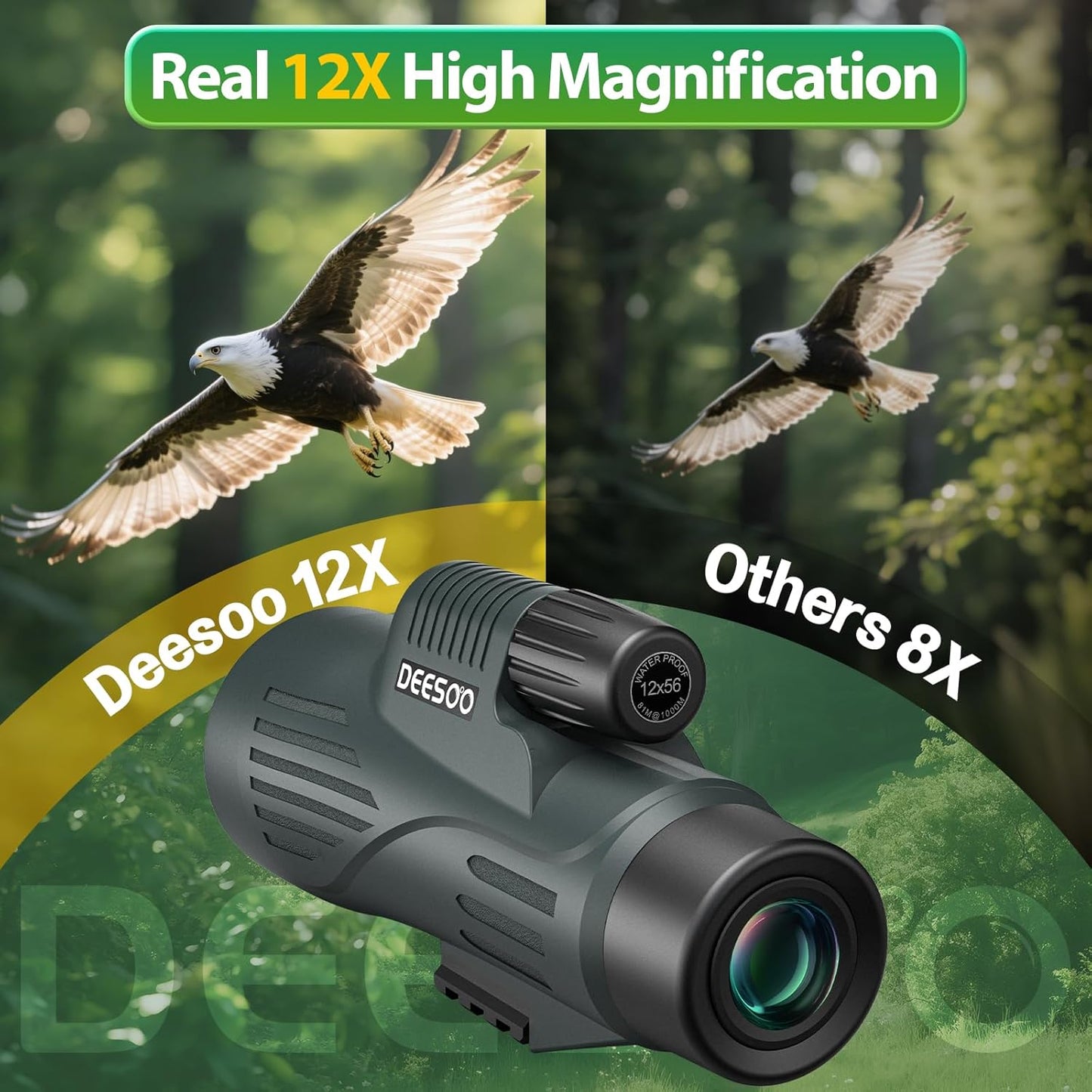 deesoo 12x56 IPX7 Monocular Telescope for Adults High Powered - Waterproof Monocular Scope with Low Light Vision