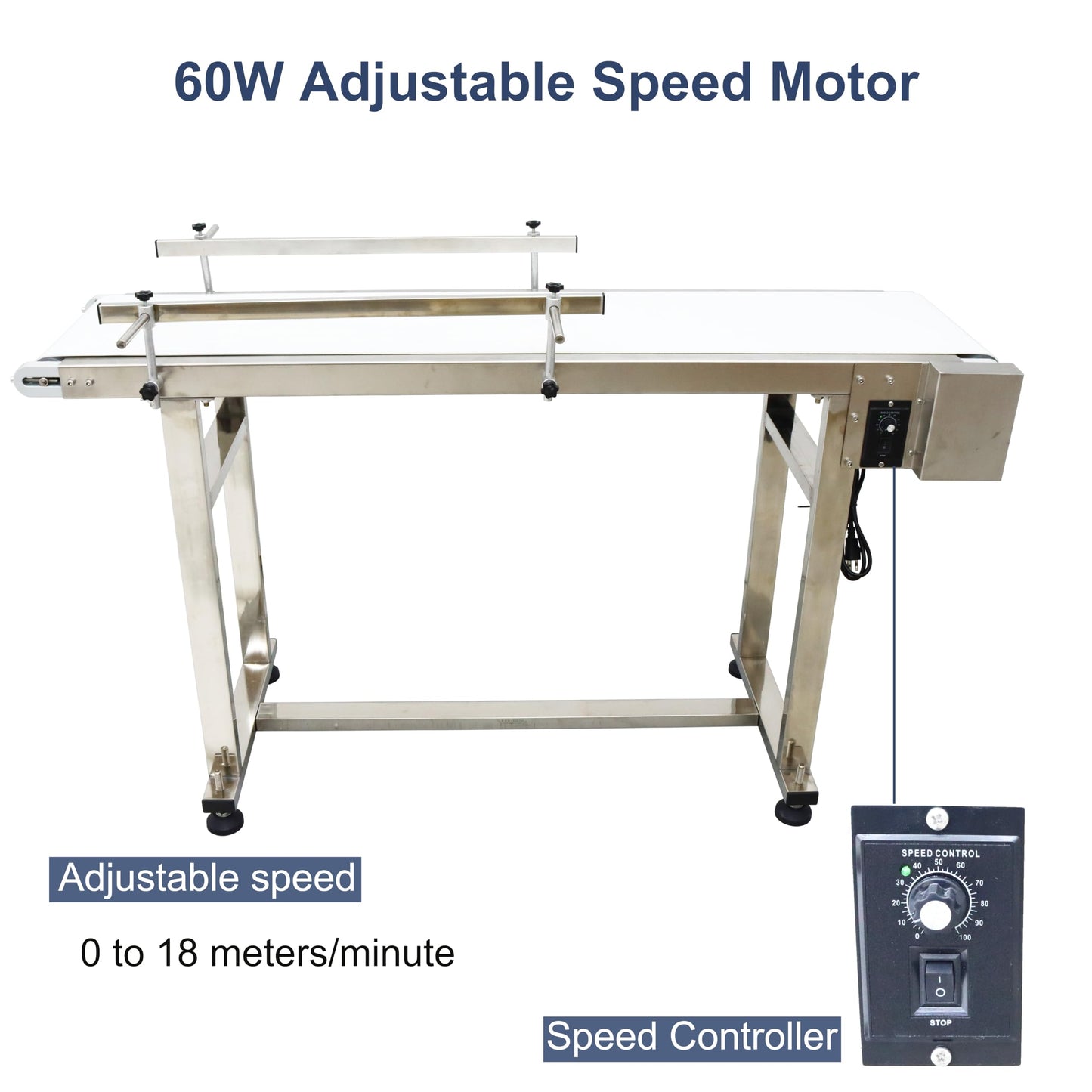 BREVELTION PVC Flat Belt Conveyor Stainless Steel Industrial Transport Conveyor Adjustable Speed Conveyor with Double Guardrails Conveyor Length 53.15inch Width 11.8inch Load 11LBS 60W