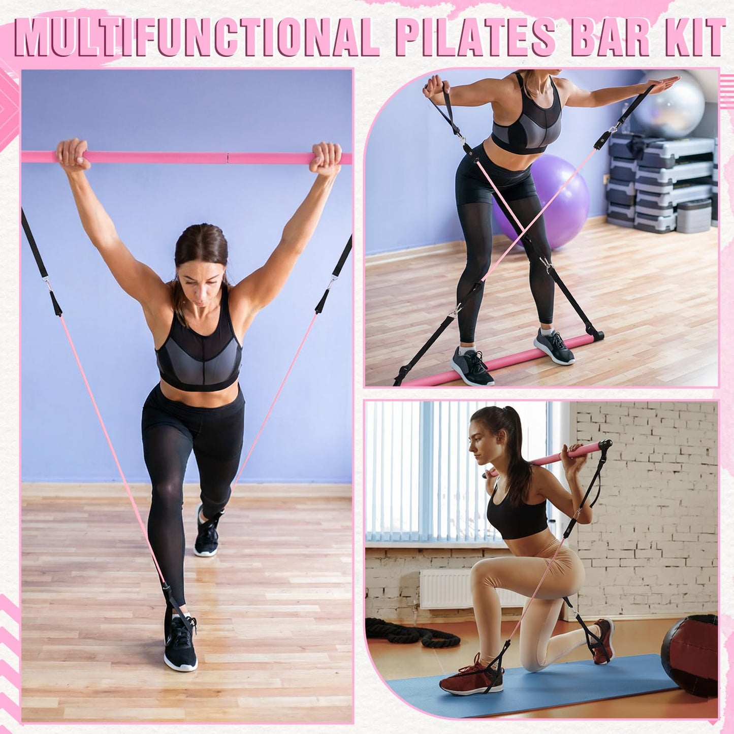 LaRandom Pilates Bar Kit with Resistance Bands Multifunctional Pilates Bar with Metal Adjustment Buckle Portable Storage Bag Yoga Essentials Kit Exercise Equipment for Home Women Gym Workout(Pink)
