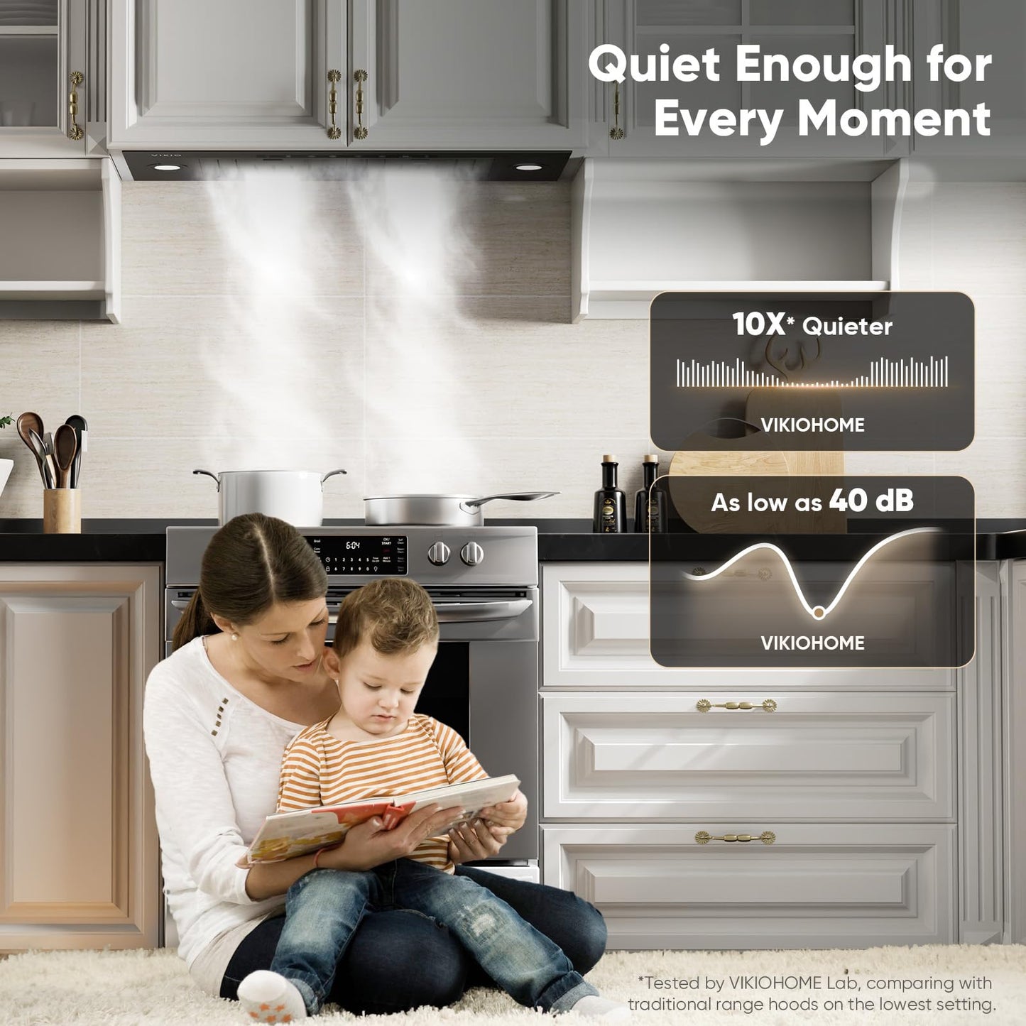 VIKIO HOME Black Built-in/Insert Range Hood 30 Inch, 980 CFM Hood Vent for Kitchen, Ducted/Ductless Convertible Duct, Stainless Steel Kitchen Vent Hood with Gesture & Touch Control, 2 Baffle Filters