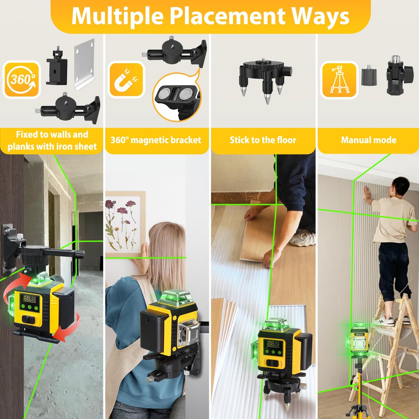 Laser Level - Laser Level 360 Self Leveling with Tripod, 4 x 360 Lazer Leveler Tool Green Line Laser for Ground Leveling, 16 Line Laser Level for Picture Hanging, Measuring, Construction