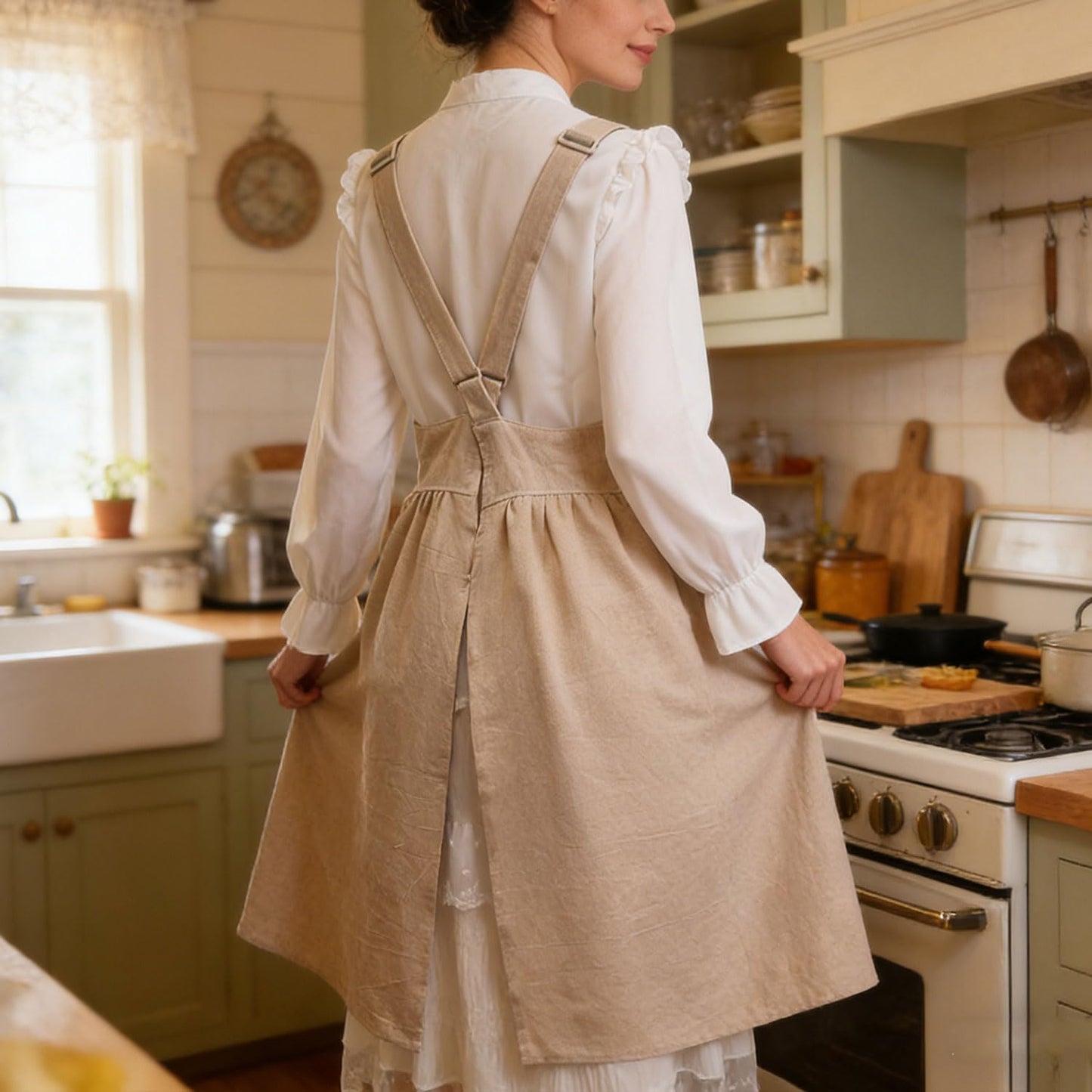 Uaussi Cotton Linen Apron Cross Back Work Apron for Women with Pockets Pinafore Dress X Cross Halter Apron for Baking Gardening