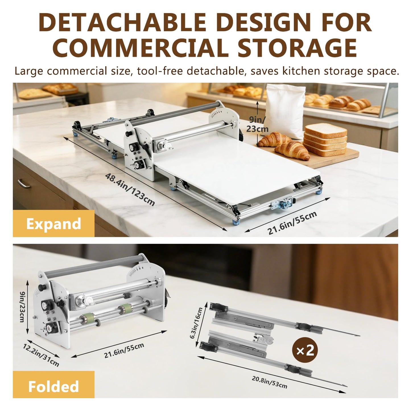 Electric Dough Sheeter Machine 17.7" Commercial Dough Rolling Machine Electric Dough Roller Machine Folding Dough Sheeter Reversible Control with 0-25MM Thickness Adjustment