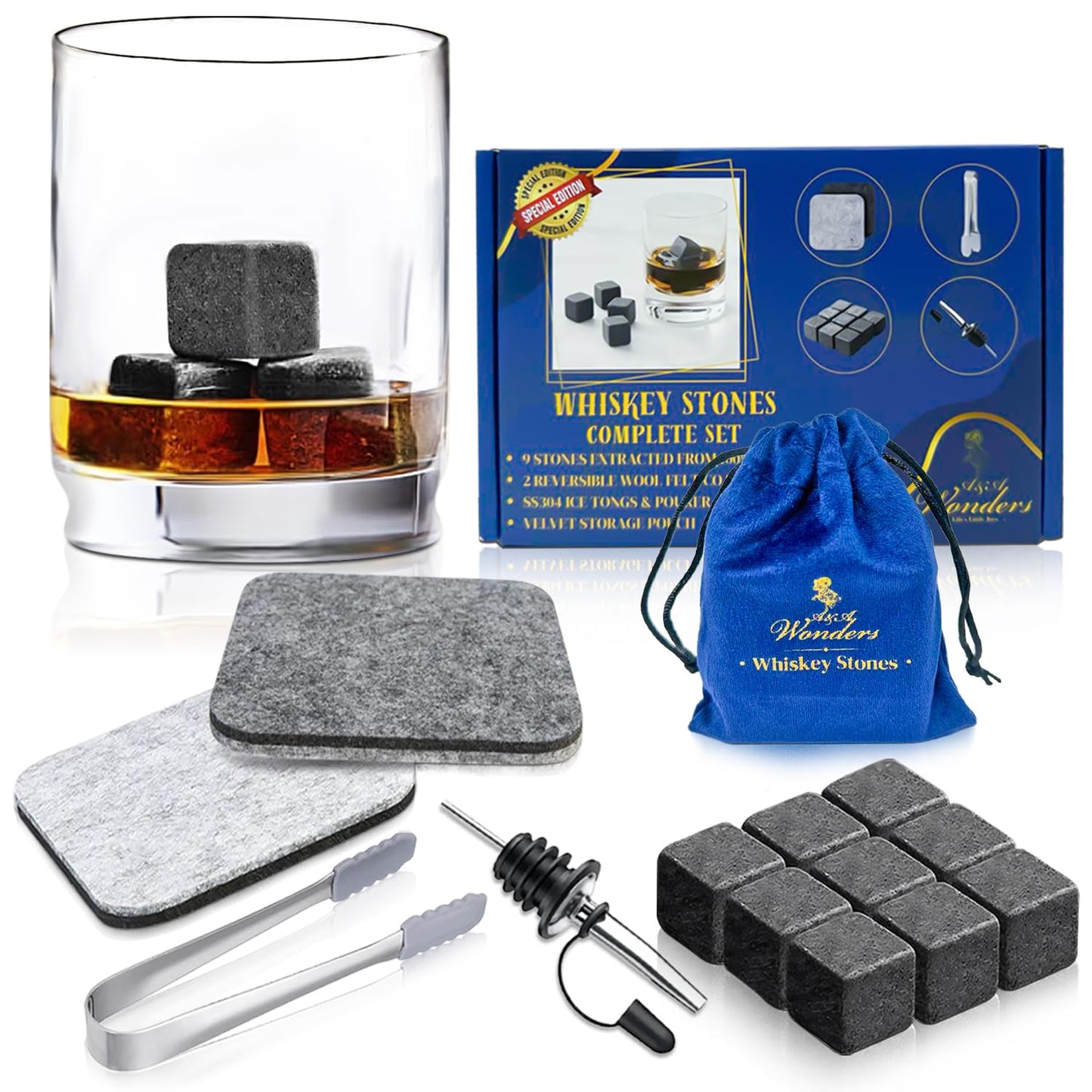 A&A Wonders Premium Whiskey Stones 100% Natural Granite Set of 9 Chilling Rocks Stone Reusable Ice Cubes for Drinks with Velvet Carrying Pouch, Gift for Whiskey Lovers (9 Cubes)