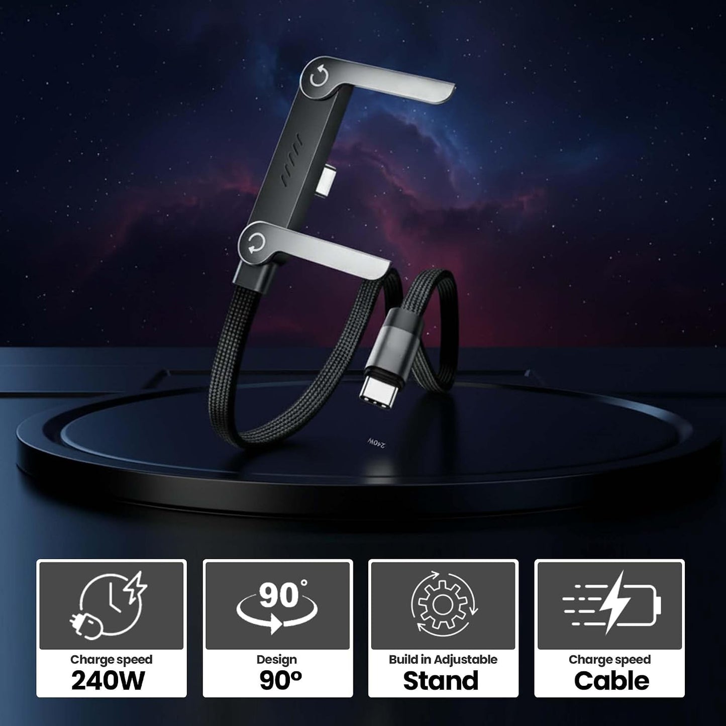 AnacondaGrip 240W 240W Invisible Stand Type C Charger | Ultra-Fast Charging Cable with Stand Compatible for Tablet, PC