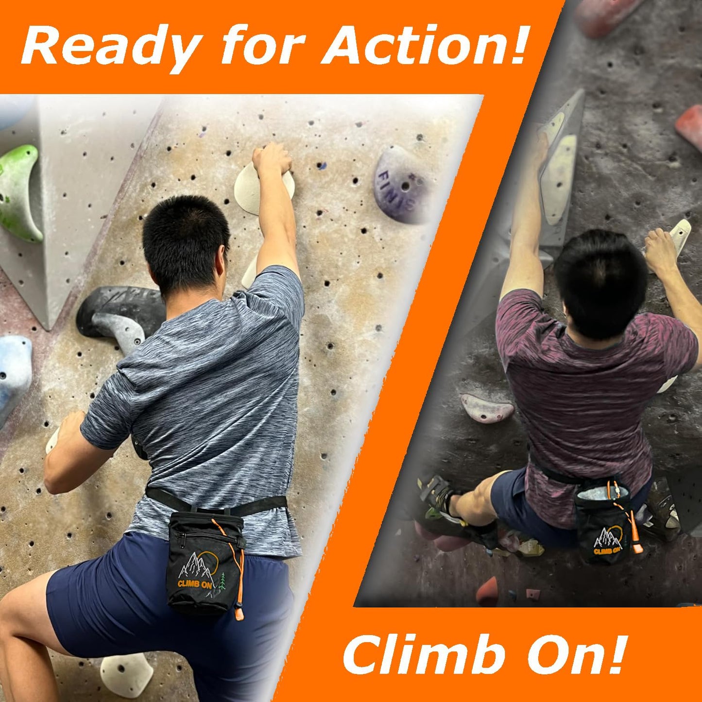 Chalk Bag + Ball for Rock Climbing, Bouldering, Top Rope | Climb On (Chalk Bag (Orange) + Refillable Ball)