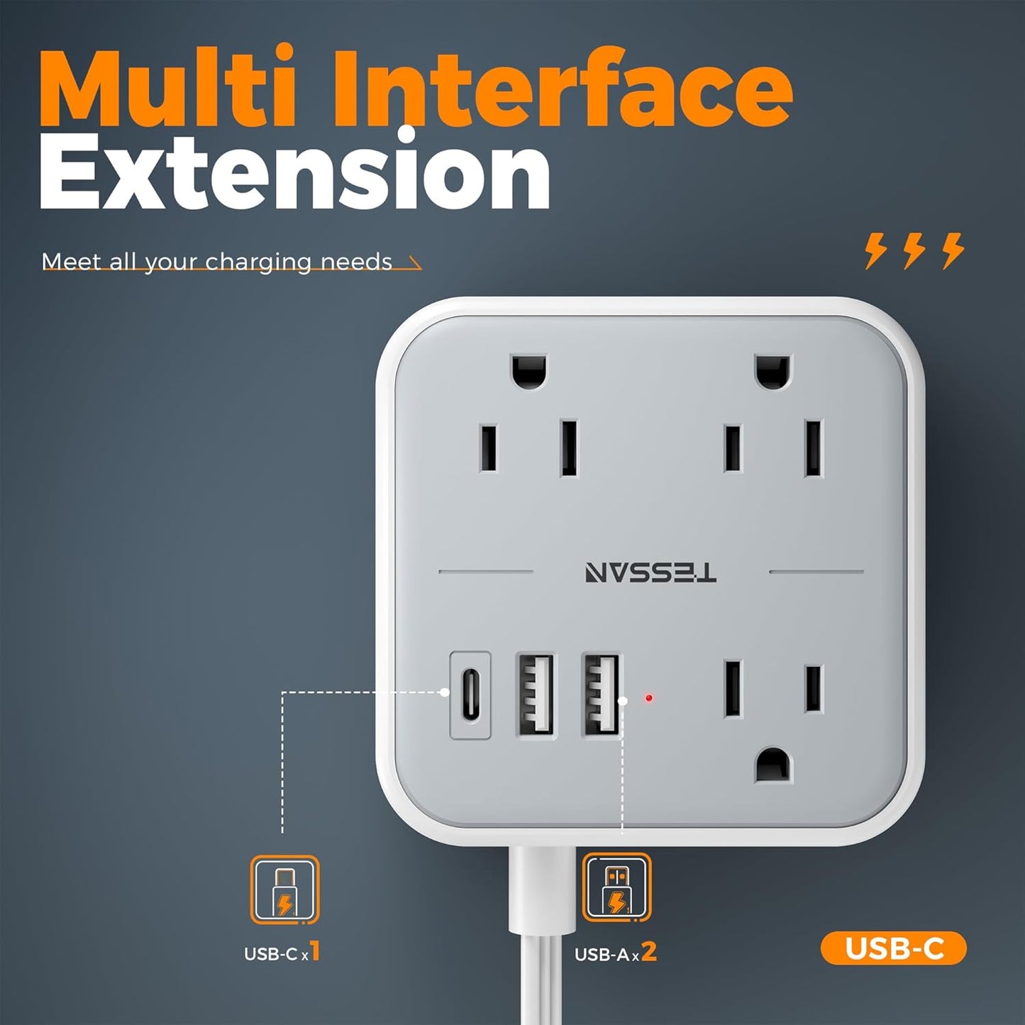 TESSAN 5 (1 3 Ultra Thin Flat Extension Cord FT, Slim Power Strip with USB Ports USB C), Surge Protector Flat Plug Wall