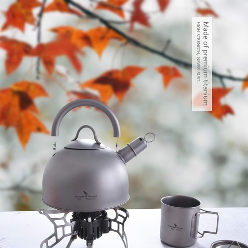 iBasingo 2 L Titanium Whistling Tea Kettle for Gas Stove Ultralight Water Jug Outdoor Big Capacity Teapot Water Bottle with Folding Handle and Warning Buzzer for Camping Home Kitchen Ti3097D