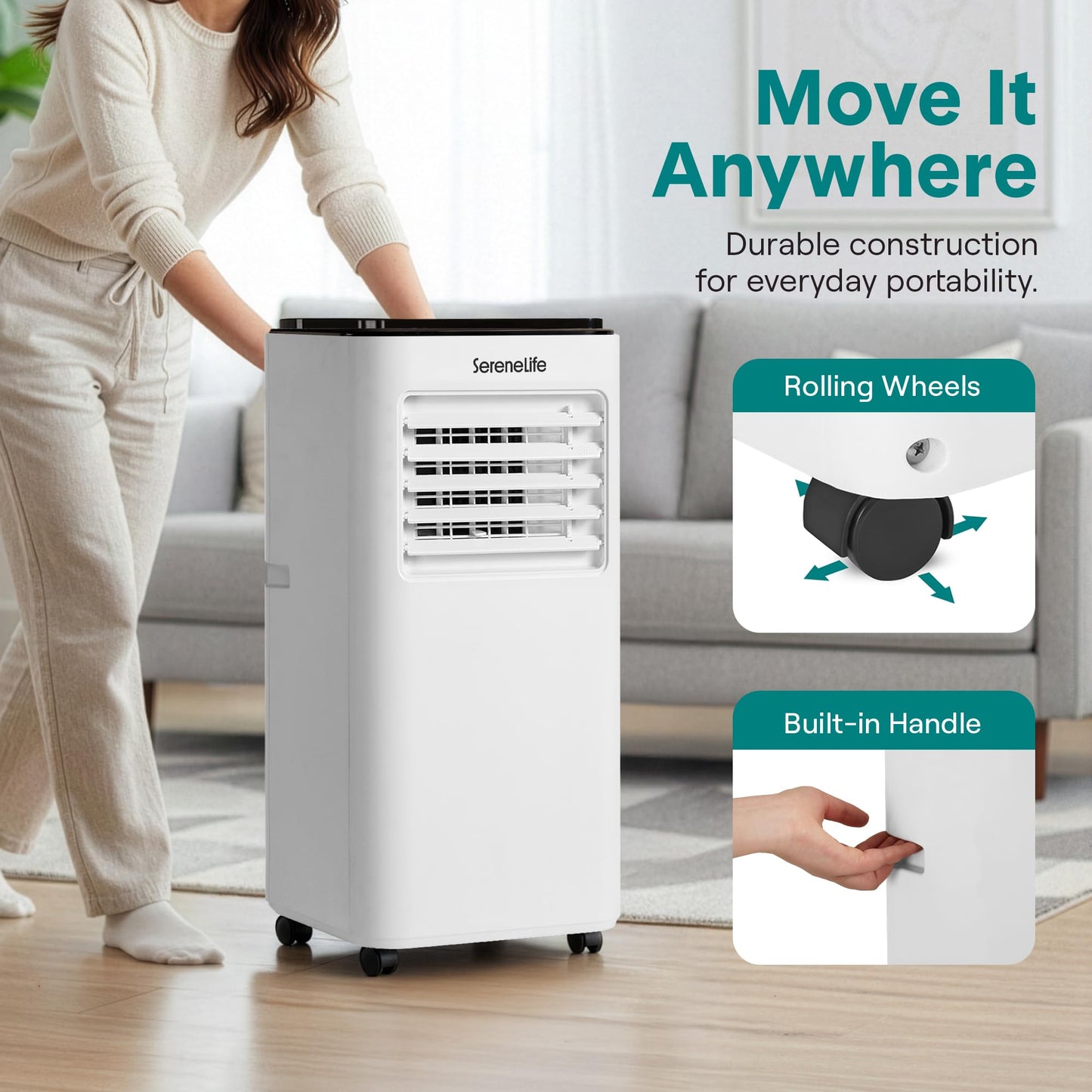 SereneLife 8000 BTU Portable Air Conditioner with Heat, Compact 4-in-1 Portable AC & Heater for Room Up to 350 Sq Ft with Dehumidifier & Fan Function, Remote Control, Window Mount Kit, 13" x 11" x 26"