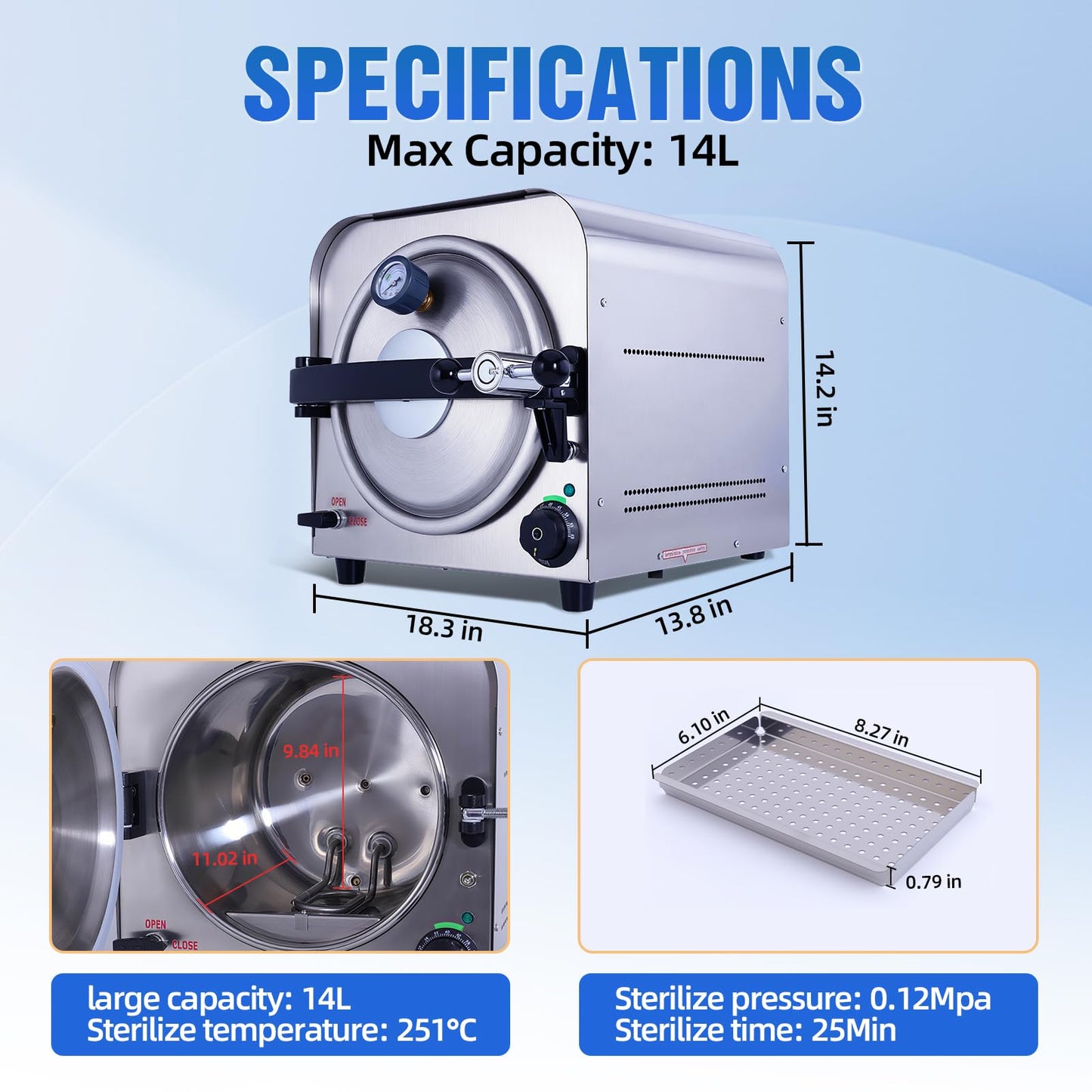 DACAT-RICHFU TR250E 14L Autoclave High Pressure Steam Machine for Dental Lab Salon 251.6°F Professional Stainless Steel Equipment with 3 Trays and Pressure Gauge 900W