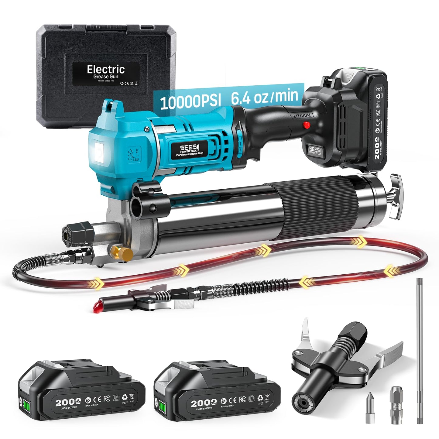 Seesii Electric Cordless Battery Grease Gun -10000 PSI with Quick-Release Coupler, 6.4 oz/min, 39.4" Flex Hose & 2 Batteries, Grease Guns for Truck, Car, Tractor,2026 Upgraded