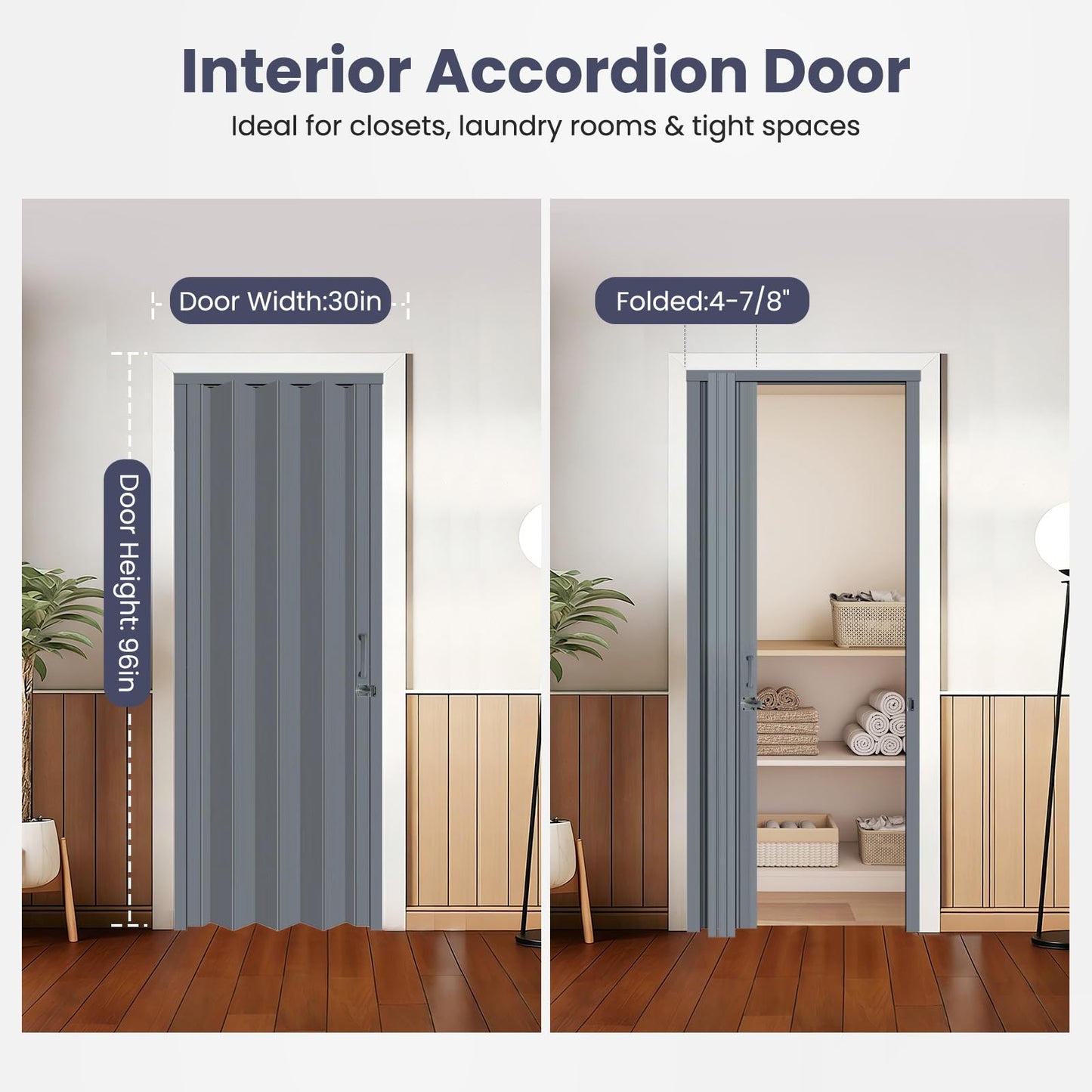DIYHD 30X96in Interior Folding PVC Accordion Door,Grey,Include Door and Mounting Hardware,Handle,Latch,Folded Width 4-7/8"