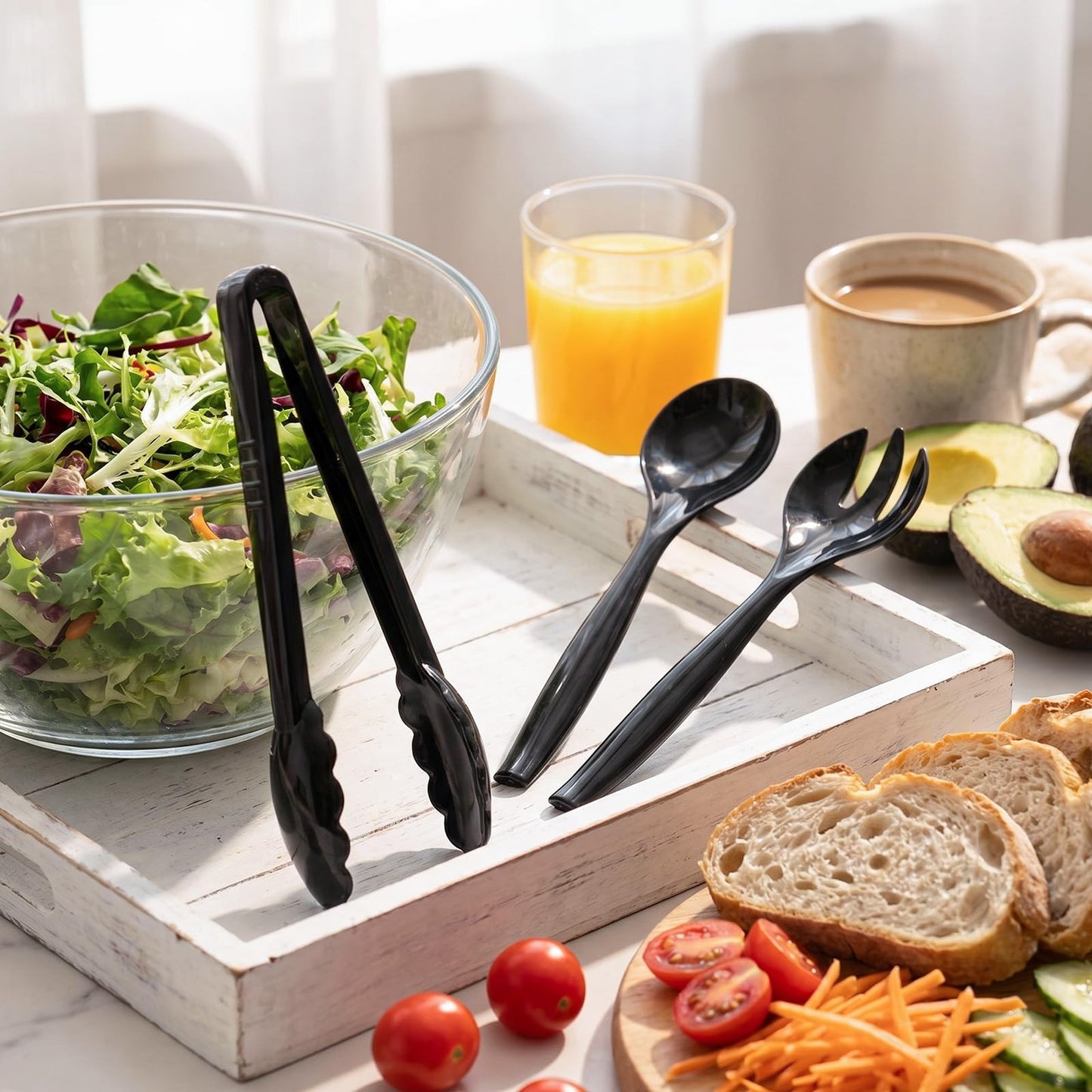 Mwellewm 18Pcs Serving Utensils, 10'' Plastic Serving Utensils Set, Disposable Serving Spoons for Buffet, Large Serving Tongs for Food, Heavy Duty Party Supplies for Salad Soup Cooking Catering(Black)
