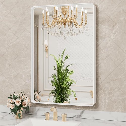 LOAAO White Metal Framed Bathroom Mirror - Large Rounded Rectangle, Anti-Rust, 24x36 Inch | Versatile Wall Mount