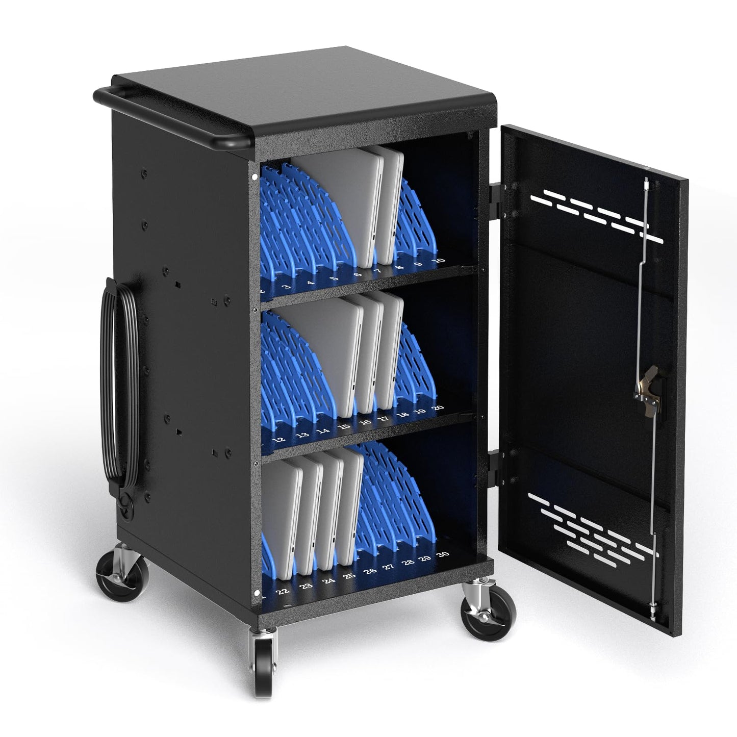 30 Unit Device Charging Station for Chromebook, iPad, 14'' Laptop - Charging Cart with Charger Cable Management, Circuit Breaker, Grounding Protection, Assembly Required