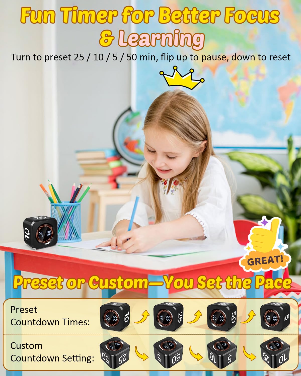 COWVTUJ Digital Pomodoro Timer Cube 5/10/25/50min, Visual Productivity Flip Timer for Kids Classroom Desk, Custom Countdown, Silent and Sound Mode for ADHD Study Work Game Kitchen (Black)