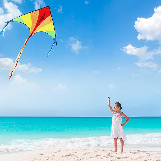 JOYIN 3 Packs Large Delta Kite Green, Blue and Rainbow, Easy to Fly for Kids with 262.5 ft String, Large Delta Beach Kite for Outdoor Games and Activities