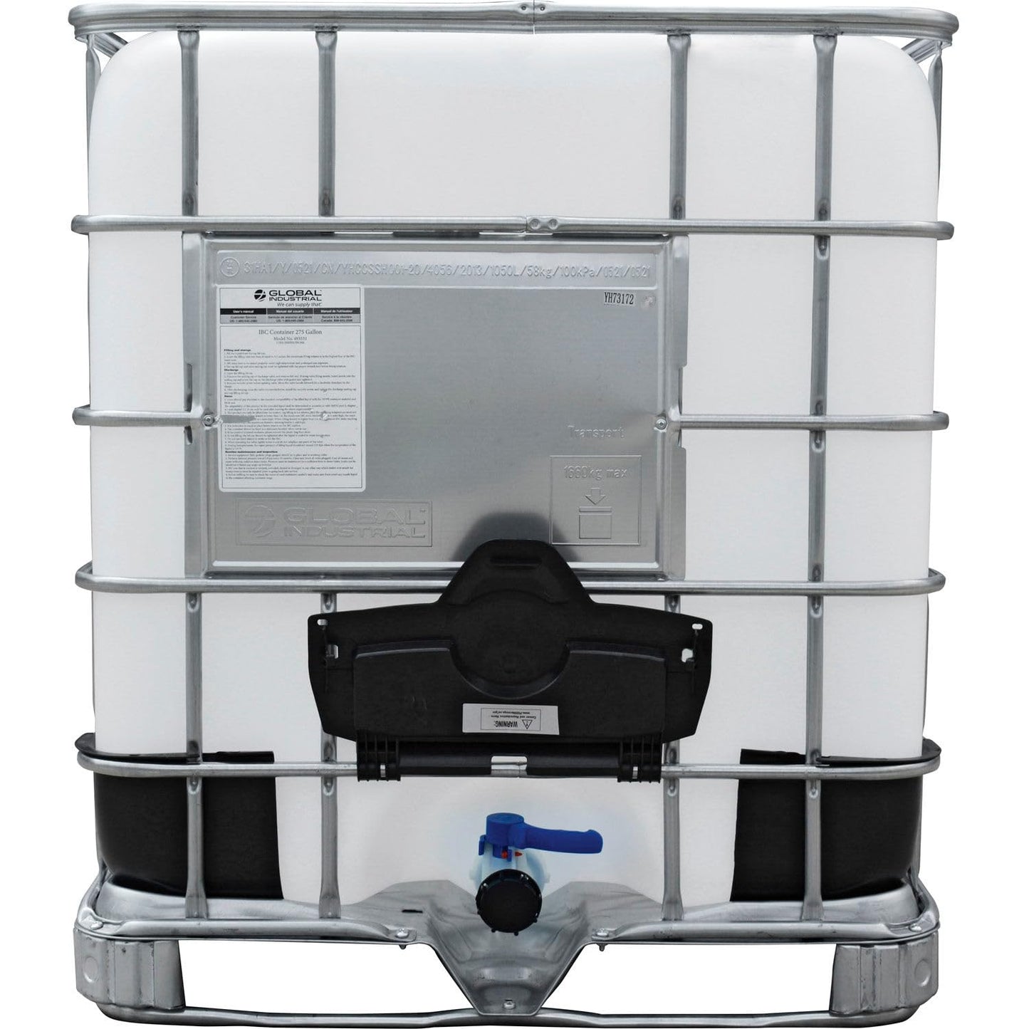 Global Industrial IBC Container 275 Gallon UN Approved, Corrosion-Resistant Composite Metal Pallet Base, for Hazardous and Non-Hazardous Liquid Transportation, 47-1/2"L x 39-1/2"W x 45-1/2"H