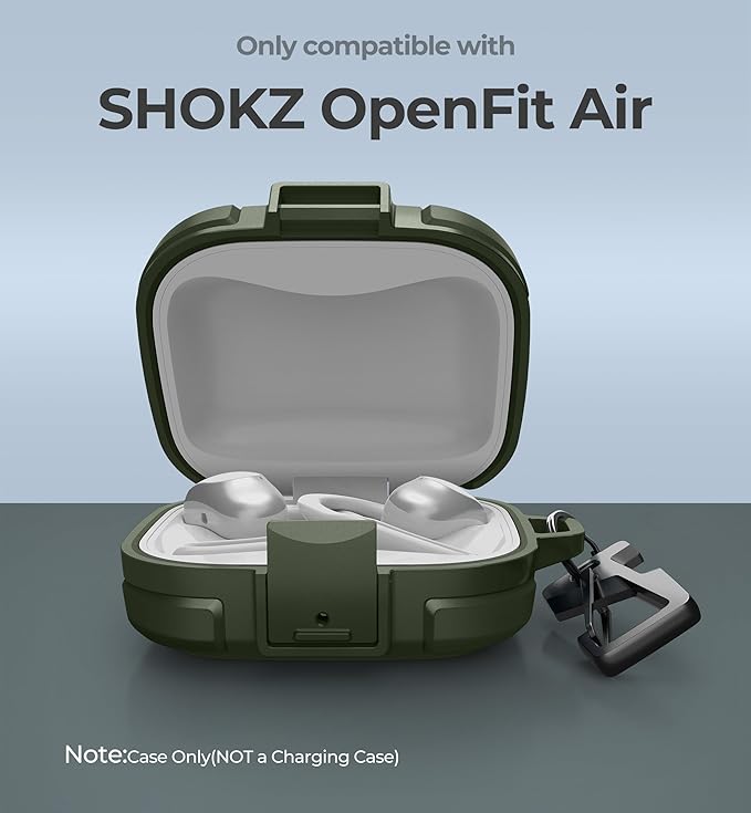 Dexnor for SHOKZ OpenFit Air Case with Drop-Proof Lock, Shockproof Rugged Bumper Cases Protective Cover with Carabiner & Keyring & Cleaner Kit Green