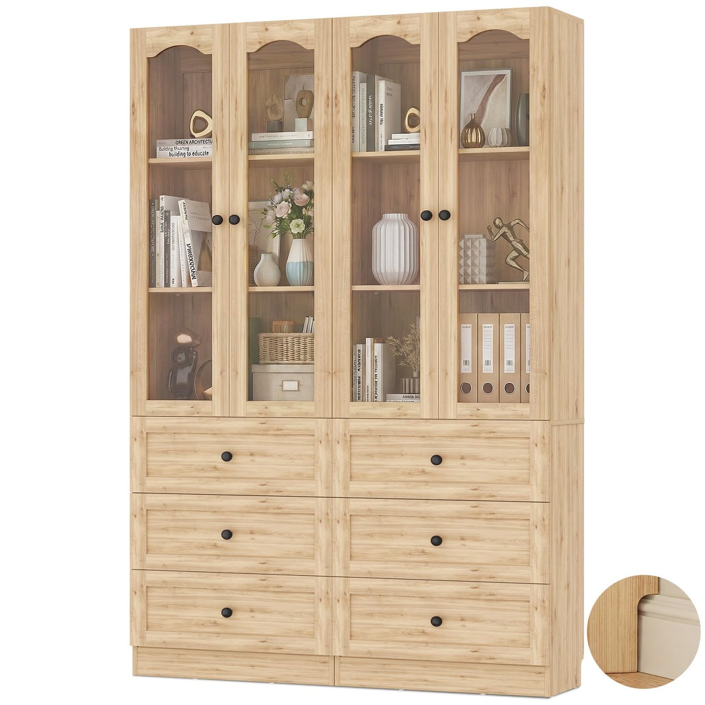 Cyclysio 80" Tall Storage Cabinet with Glass Doors, Drawers & Seamless Baseboard Fit Design - 2 Set Natural Oak Storage Cabinets with Adjustable Shelf for Office, Bathroom, Living Room, Kitchen