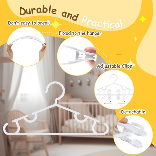 Hsei 5/10/40 Pack Baby Hangers with 10/20/80 Clips, Plastic Kids Pants Hangers for Nursery Closet Top and Bottom Clothes Hanger Set for Newborn Infant Toddler(30 Packs Total,White,10.6 Inch)
