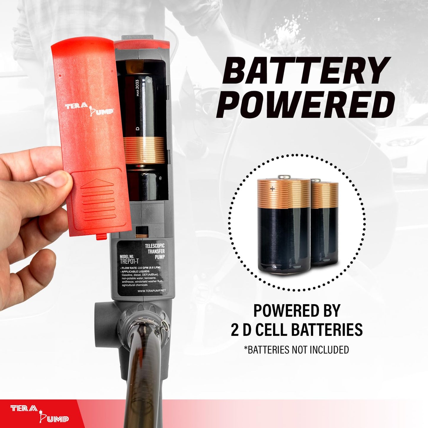 TERA PUMP [2PK] TREP01-T Multipurpose Battery Powered Fuel Pump with Quick Stop Nozzle for E85, Diesel, DEF, Kerosene - Gas Liquid Transfer Pump with Telescopic Suction (2.6 GPM, 360 Swivel Nozzle)