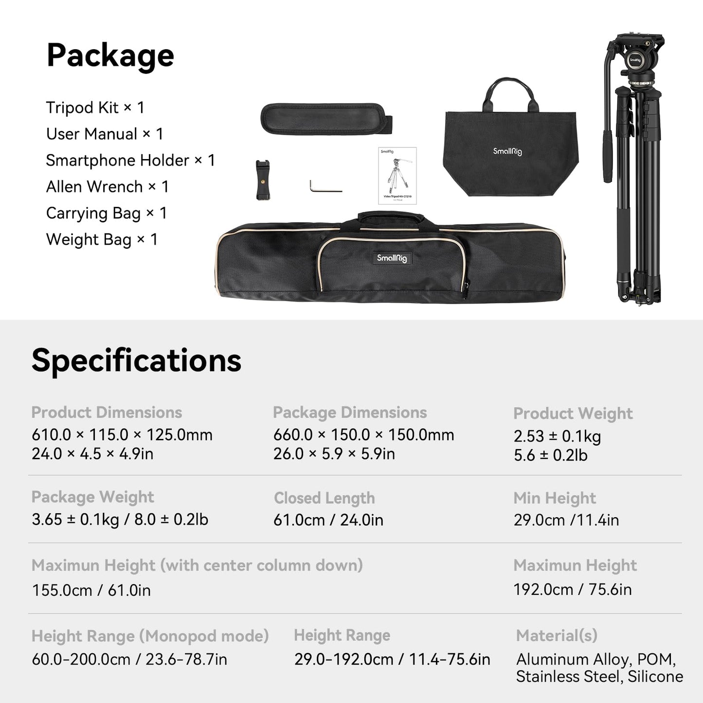 SmallRig CT210 Video Tripod, 75" Video Camera Tripod Monopod with +/-15° Leveling Base Fluid Head, Professional Camera Tripod Compatible with Video Camera, DSLR, Camcorder-4475