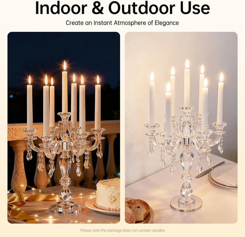 Clear Glass Candelabra by [Brand Name] - 7-Arm 14 Inch Candle Holder for Elegant Wedding & Home Decor