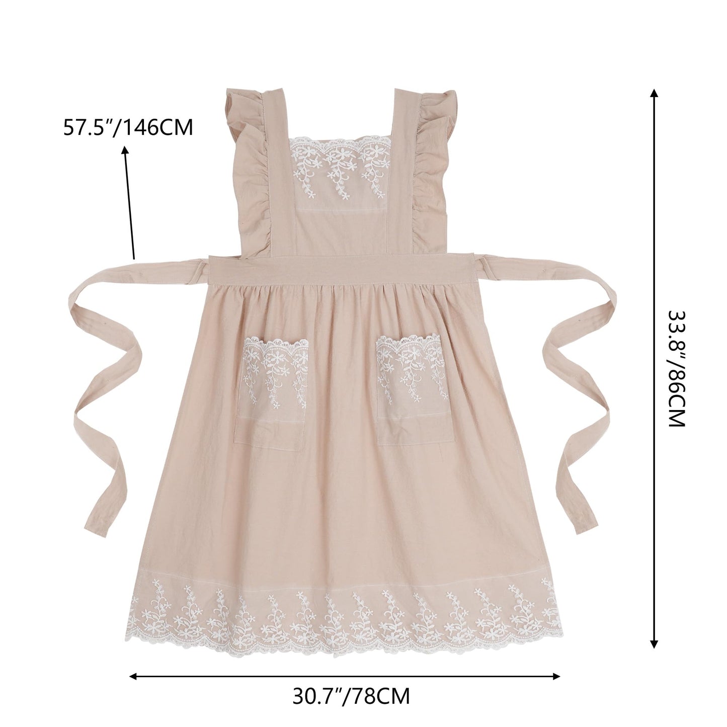 Aoomzoon Vintage Aprons for Woman with Pockets Cute Lace Ruffle Adjustable Apron for Cooking Kitchen Baking Gardening (Beige)