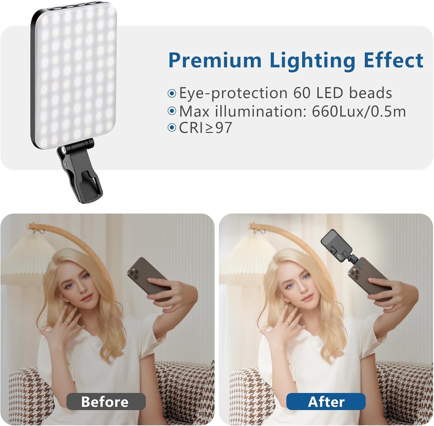ALTSON 60 2200mAh 97+, 3 LED Portable Selfie Light Video Conference Lighting with Clip & Camera Tripod Adapter