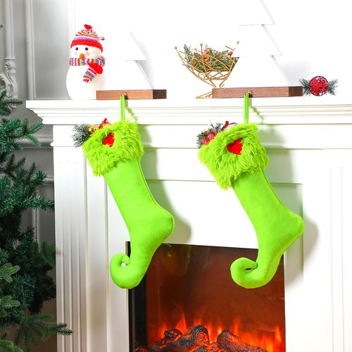 Coume 4 Pcs 19 Inch Lime Green Christmas Stockings Green Faux Fur Xmas Elf Stockings Hanging Christmas Treat Bag Candy Pouch Holder Fireplace Hanging Decor for Xmas Holiday Family Party