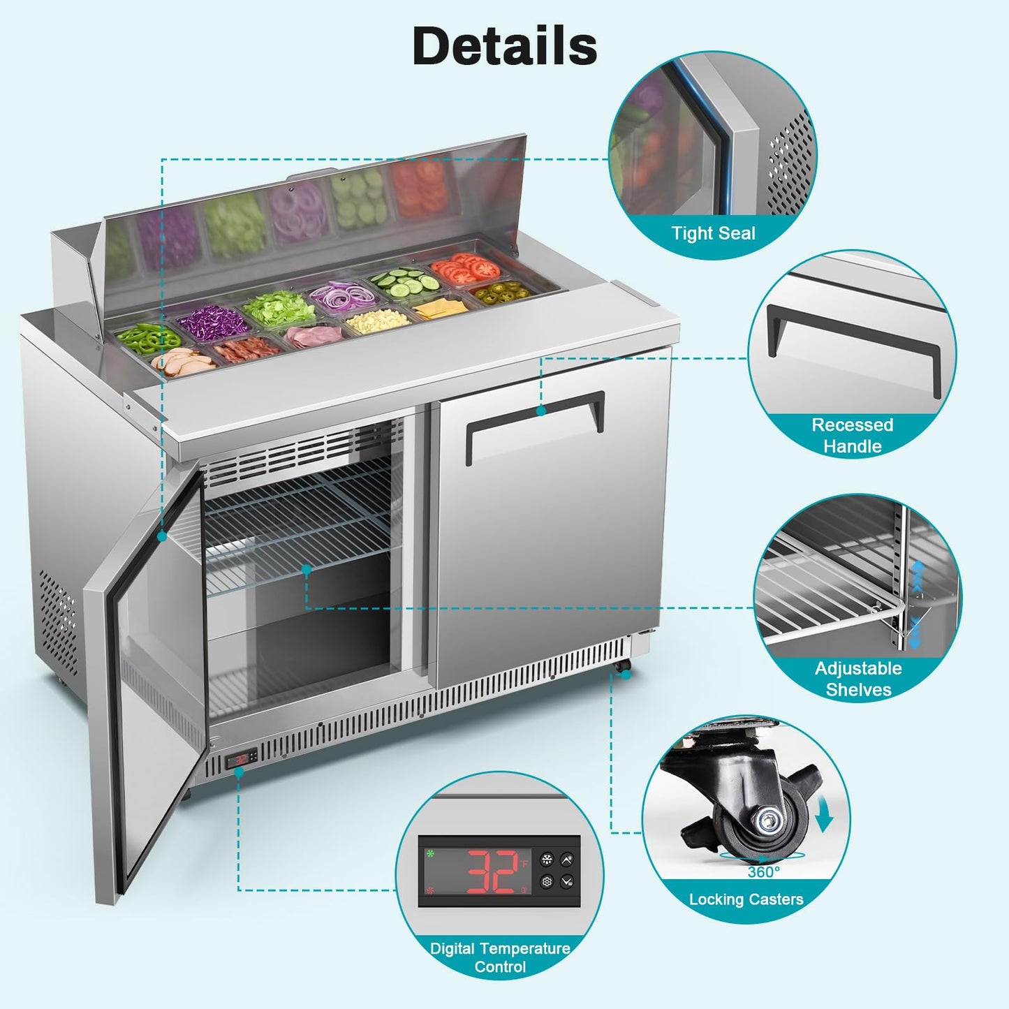 Velieta Commercial Refrigerator 48 inch, 12.7 cu.ft 2 Door Salad Prep Table, Stainless Steel with 12 Pans, Cutting Board & Casters, Sandwich Prep Fridge for Restaurant, Food Truck, Catering
