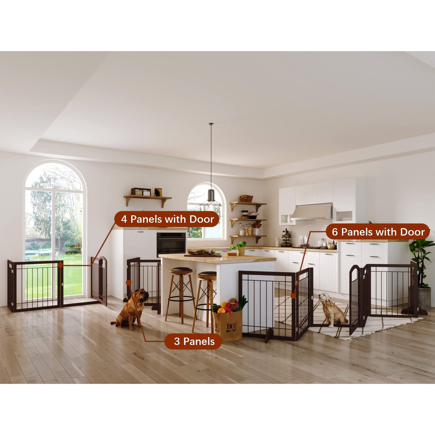 JSB 144-inch Extra Wide 30-inch Tall Dog gate with Door Walk Through, Freestanding Pet Gate for Halls, Stairs & Home, Pet Puppy Safety Dog Fence with 2PCS Support Feet (Espresso)