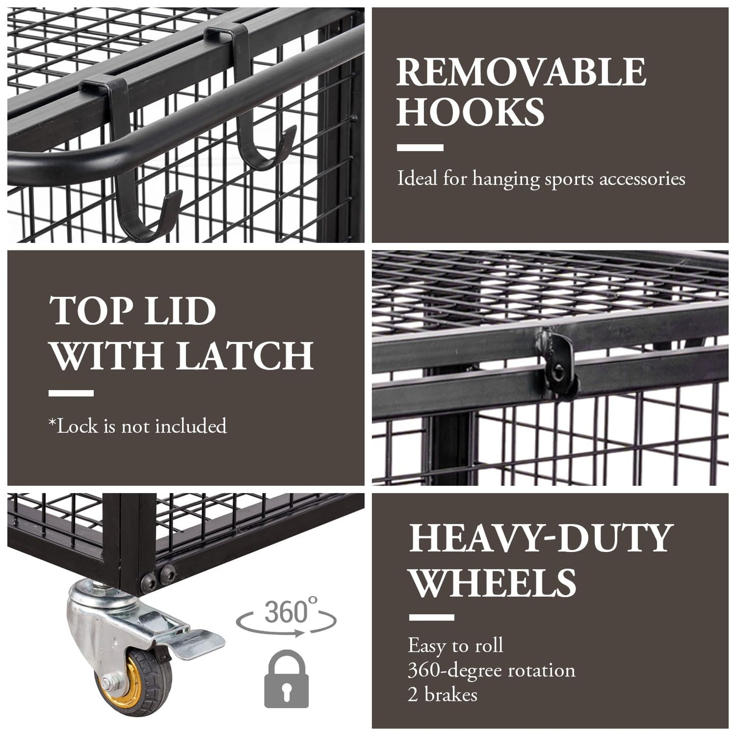MyGift Black Metal Rolling Sports Ball Storage Cart for Playground, Dodge Ball, Basketball, Soccer Ball Gym Basket Equipment Cart with Lockable Latch, Caster Wheels and 4 Hooks