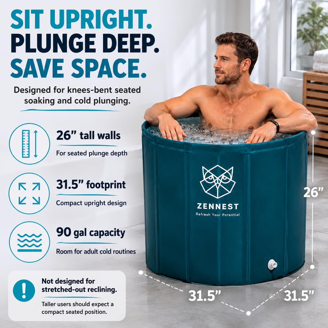 Zennest Foldable Portable Bathtub for Adults – American Design 2-in-1 Hot & Cold Plunge, 105-Gal Large Capacity Collapsible Bathtub Adult, 6-layer Insulated Portable Soaking tub - Space-saving Design