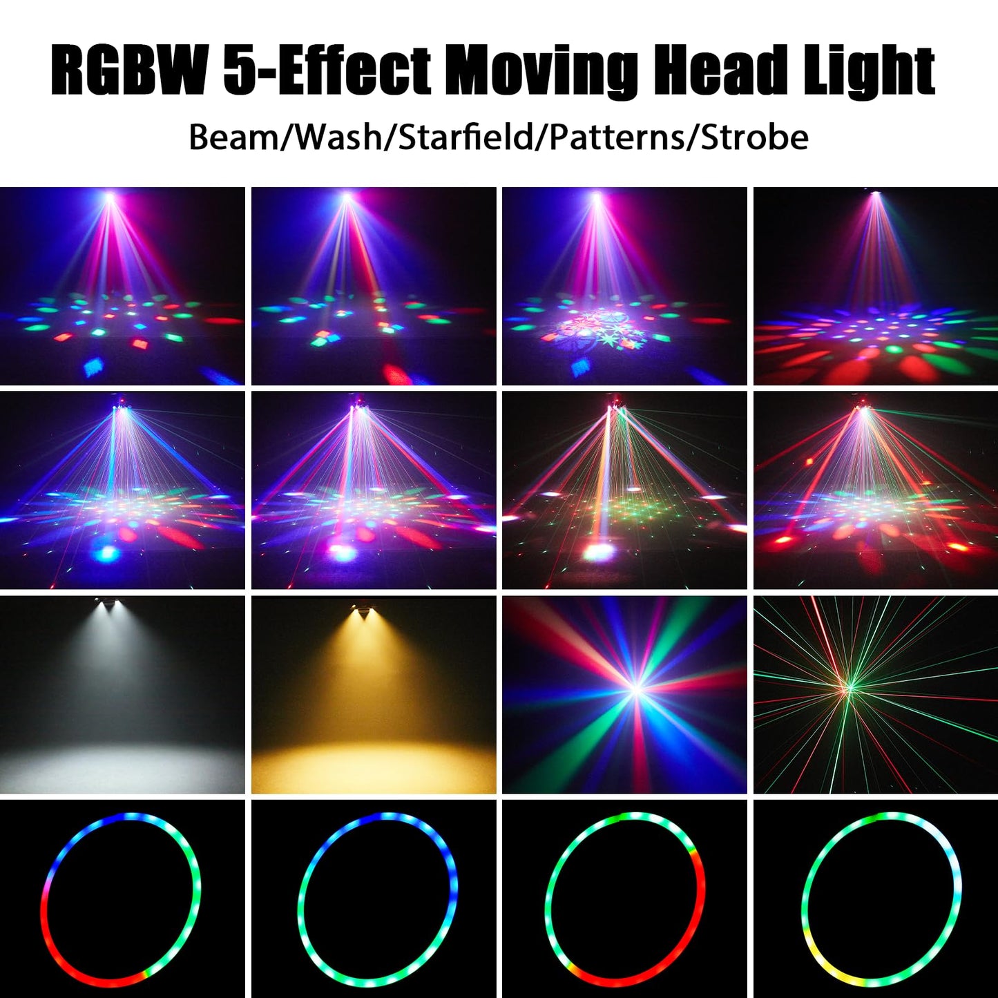 Moving Head DJ Lights 120W 6 Arms 4 in 1 Stage Lights with RGBW Beam,Red Green Starry,Pattern Projection Strobe Effects,Sound Activated DMX512 & Remote for Party Disco Club Wedding Bar