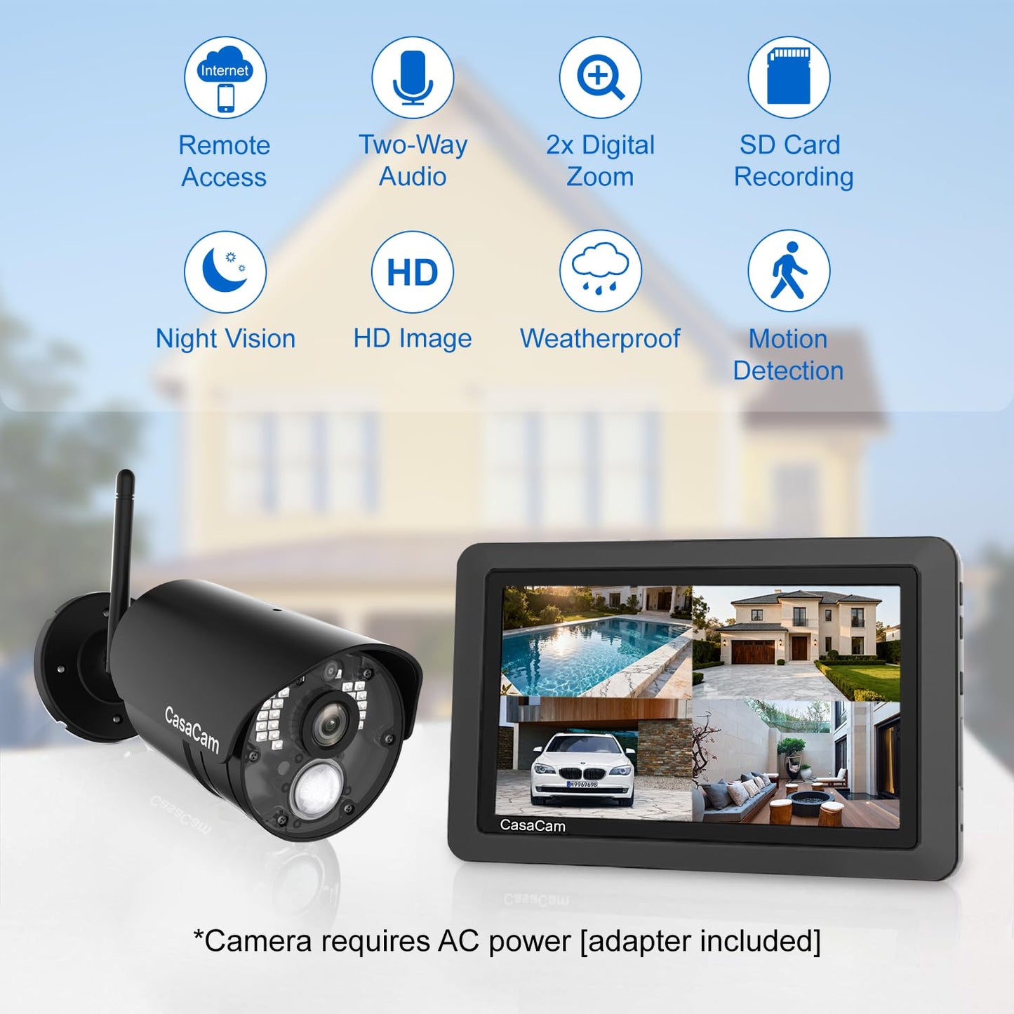 CasaCam Wireless Security Camera System Air | 7" Touchscreen Monitor and 2 720p Cameras | AC Powered, No Monthly Fees, Two-Way Audio, Free APP, Micro SD Card and Battery Installed, Model VS802