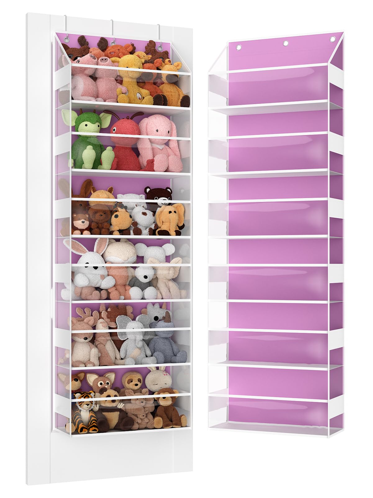 Wakaye Over the Door Organizes- 6 Tier Stuffed Animal Storage, Bathroom Organizers and Storage, Swing-proof Hanging Organizer for Toys/Nursery Newborn Baby Essential Stuff (Clear-pink)