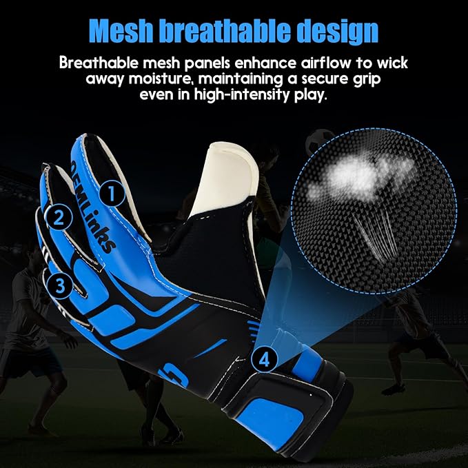Youth&Adult Goalie Goalkeeper Gloves with Finger Protection Breathable Soccer Gloves with Strong Grips，6 Colors，Sizes 7-10