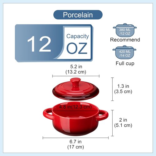 LOVECASA Mini Cocotte Set - 12 OZ Casserole Dishes with Lids | Oven & Microwave Safe, Set of 4, Red