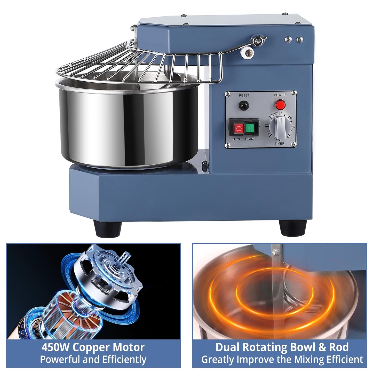 Commercial Dough Mixer 8.5QT with Timer Function, 450W Commercial Food Mixer Dual Rotating Dough Kneading Machine with Food-grade Stainless Steel Bowl, Security Shield